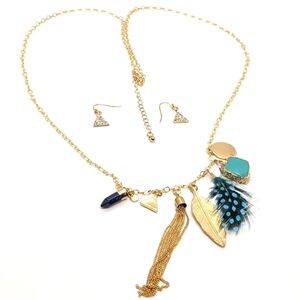 Gold Tone Multi Charm Necklace & Earrings Set 36"